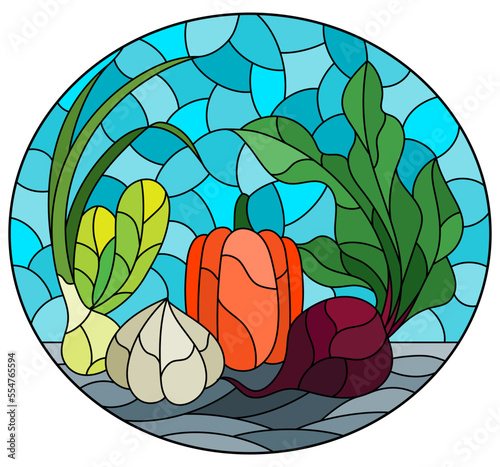 An illustration in the style of a stained glass window with a composition of ripe fresh vegetables on a table on a blue background, oval image