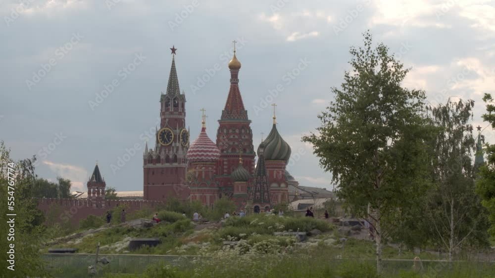 View of the main tower of the Kremlin - Spasskaya and St. Basil's Cathedral from the Zaryadye Park. View of the main tower of the Kremlin - Spasskaya and St. Basil's Cathedral from the Zaryadye Park.