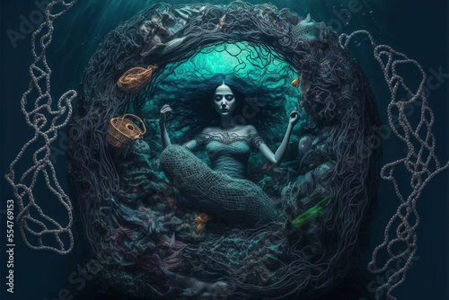 beautiful mermaid trapped among the plastic and organic waste scattered in the sea. Conceptual Ai generative illustration on the pollution of the seas and oceans. Ecological green enviromental concept