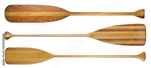 Fotografiet three traditional wooden canoe paddles with different shape of blades, transpare
