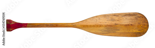 old wooden canoe paddle with a red grip, transparent background