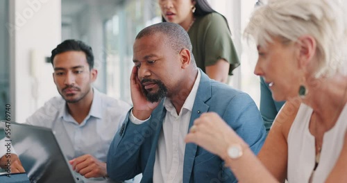 Fail, results and sad business people in meeting laptop on website, ecommerce or marketing mistake, crisis or financial risk. Stress, stock market or trading corporate team in office lose deal online