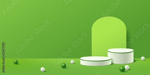 Green abstract scene background with white 3d cylinder pedestal podium
