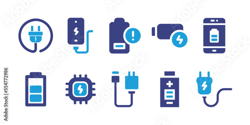 Charging icon set. Duotone color. Vector illustration. Containing charging, low battery, battery, medium charge, charge, charger, plug.