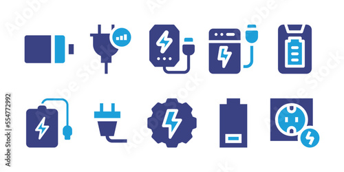 Charging icon set. Duotone color. Vector illustration. Containing battery level, plug, powerbank, power bank, battery, power plug, energy, low battery, socket.