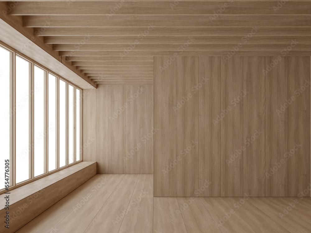 Fototapeta premium Modern contemporary style empty room interior with all wooden material 3d render with large windows natural light shines into the room.