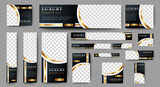 Black and gold Banner templates set with standard size for web. Business banner with place for photos for Social Media, Cover ads banner, flyer, invitation card.