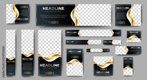 Black and gold Banner templates set with standard size for web. Business banner with place for photos for Social Media, Cover ads banner, flyer, invitation card.