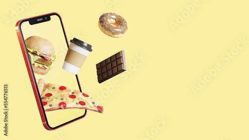 3d render food order delivery on smartphone mobile illustration on yellow background