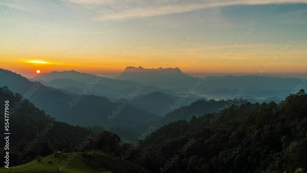 Time lapse of Doi Luang chiang dao mountains at sunrise from Ha du bi viewpoint in Chiang mai, Thailand
