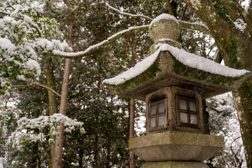 雪が積もっている神社の灯籠  © ELUTAS