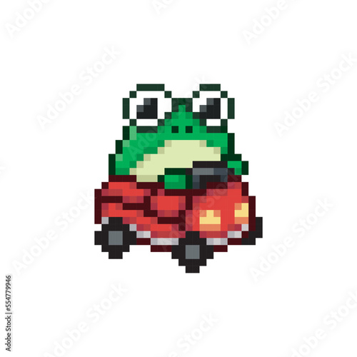 Frog driving a car, pixel art meme