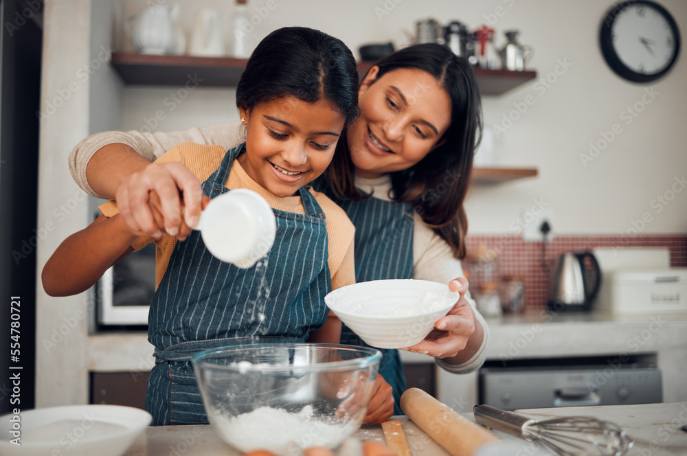 Baking, children and kitchen with a mother and daughter learning about