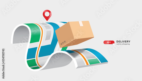 Parcel box or carton floats on map paper and has red pin located where parcel will be delivered to customer