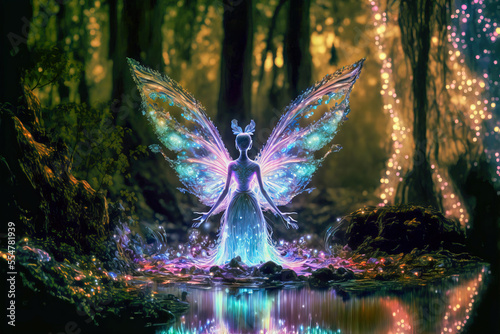 Obraz na plátně Fairy with wings in an enchanted magical forest