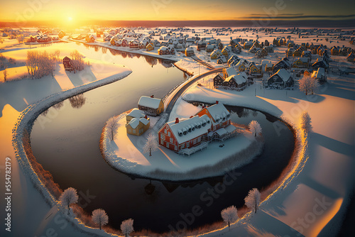 Aerial drone view of snow covered houses next to frozen river. Digital artwork