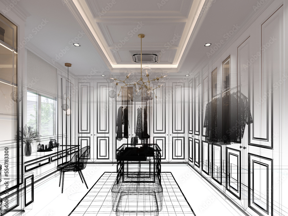 sketch design of interior walk-in closet room, 3d rendering Stock ...