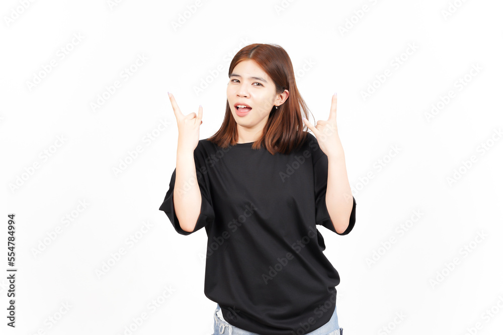Showing Metal Sign Of Beautiful Asian Woman Isolated On White Background Showing Metal Sign Of Beautiful Asian Woman Isolated On White Background