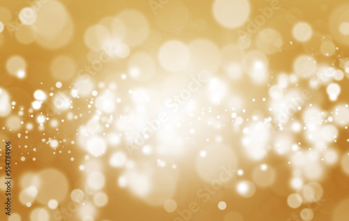 Abstract Beautiful White Bokeh Glitter Lights Yellow or Golden Background. Defocused Effect Wallpaper, Celebration Christmas Backdrop.