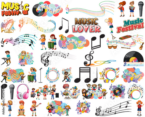 Kids musical instruments and music symbols set