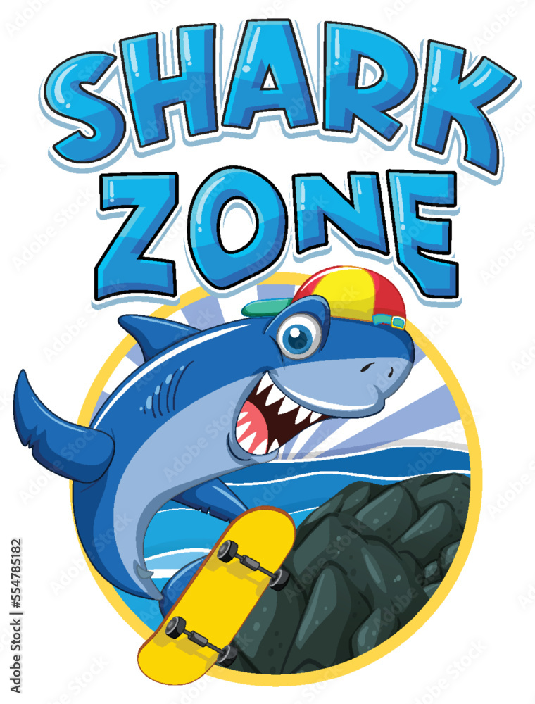 Shark zone icon with shark cartoon character Shark zone icon with shark cartoon character