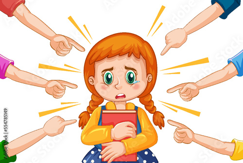 Sad girl surrounded by pointing fingers