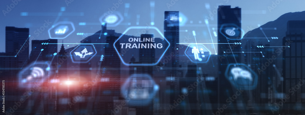 Training online Webinar E-learning Skills Business Concept on moder city background Training online Webinar E-learning Skills Business Concept on moder city background