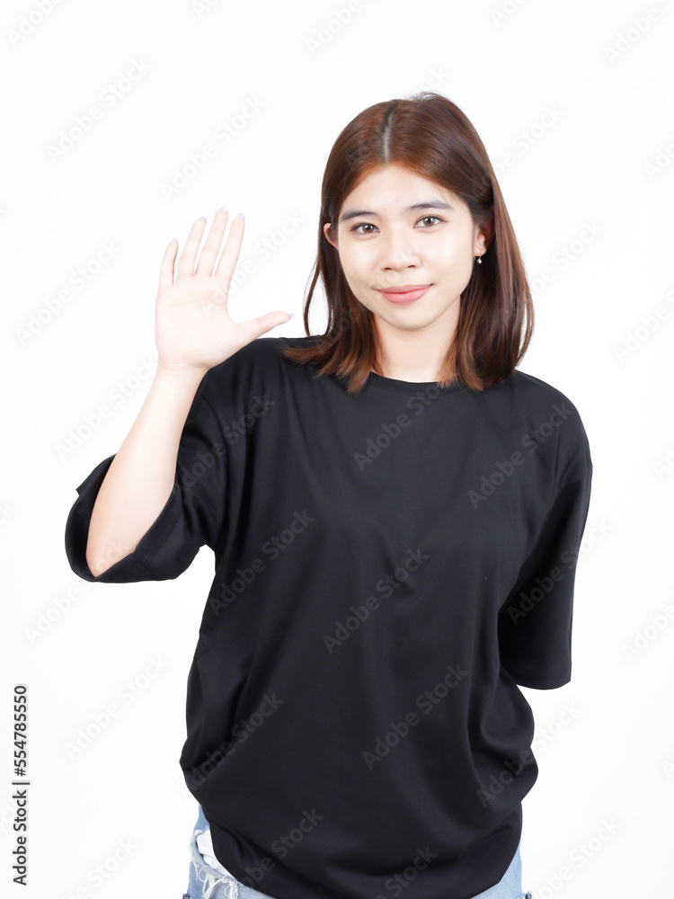 Hi Greeting or Waving at Camera Of Beautiful Asian Woman Isolated On White Background Hi Greeting or Waving at Camera Of Beautiful Asian Woman Isolated On White Background