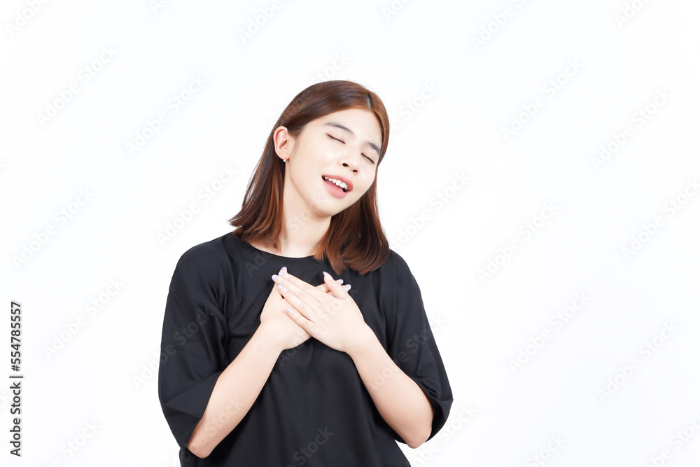 Hands on Chest Grateful Gesture Of Beautiful Asian Woman Isolated On White Background Hands on Chest Grateful Gesture Of Beautiful Asian Woman Isolated On White Background