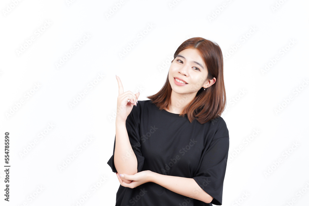 Showing Product and Pointing Side using forefinger Of Beautiful Asian Woman Isolated On White Showing Product and Pointing Side using forefinger Of Beautiful Asian Woman Isolated On White