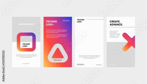 Set of Virtual Game Technology Symbol Standee Roll-Up Banners and Social Media Story Templates. These designs utilize symbolic representations of virtual gaming technology.