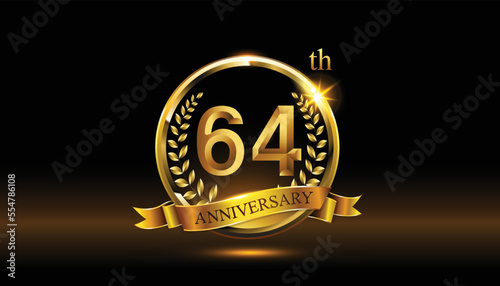 64th anniversary logo with golden ring, confetti and Gold ribbon isolated on elegant black background, sparkle, vector design for greeting cath and invitation cath