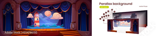 Empty theater stage with night seascape decoration, parallax background. Cartoon vector illustration of concert scene with lighthouse and full moon background, blue curtains, wooden floor, columns