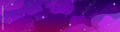 Night starry sky in lilac and pink colors with nebula effect. Cartoon vector illustration of space background with many shining stars, stardust, milky way. Infinite universe. Fantasy game background
