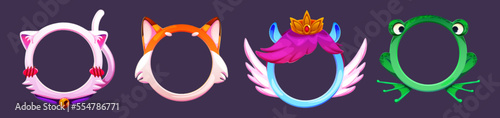 Round game avatars with animal characters design. Set of cute colorful borders with fantasy cat tail, fox ears, frog eyes and magic pony wings and crown decor elements. Cartoon vector illustration