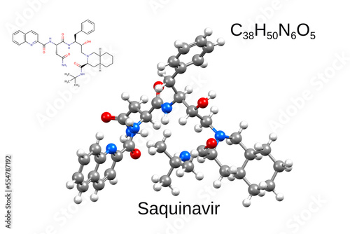 Chemical formula, skeletal formula and 3D ball-and-stick model of a protease inhibitor, antiretroviral drug saquinavir