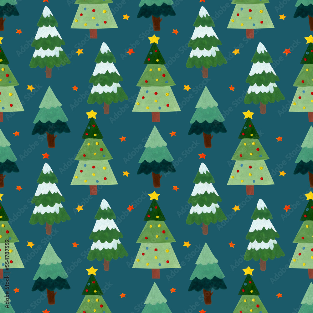 seamless pattern of fir trees and stars on a dark background.