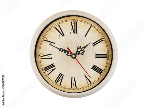Vintage round clock with black and red pointers isolated on white background