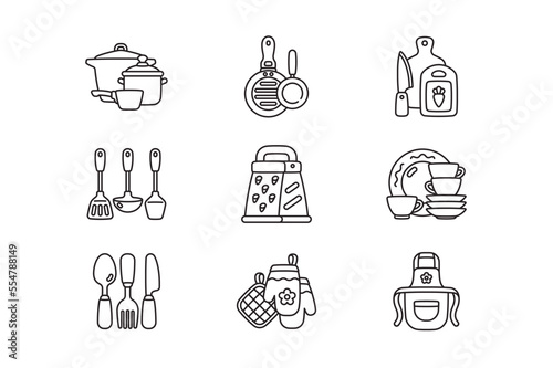 Kitchen accessories icons set linear style