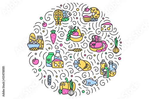Round composition of food products in doodle style