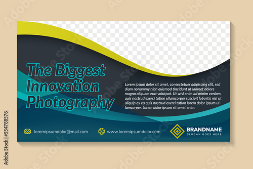 the biggest innovation photography banner template design with photo and text placement, professional catchy colorful design. Standard for web page banner and social media, horizontal vector layout.