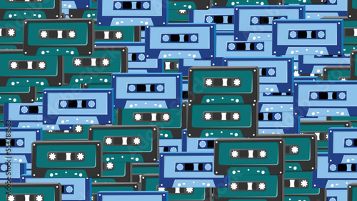 Seamless pattern endless with music audio cassettes old retro vintage hipster from 70s, 80s, 90s isolated on white background. Vector illustration