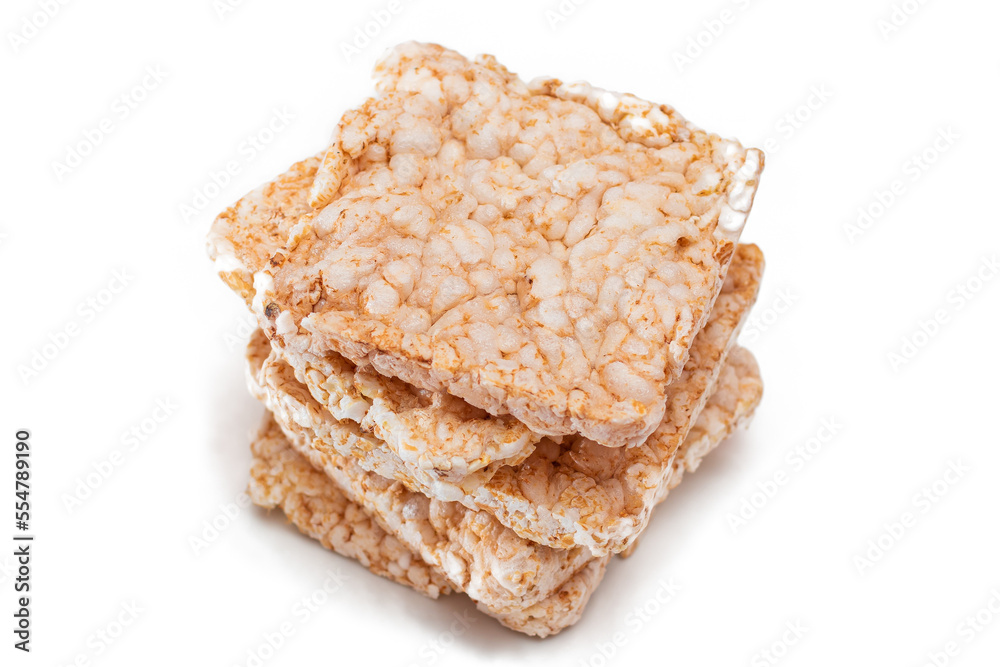 A Stack of Square Rice Cakes - Isolated on White. Dietary Crispbread - Isolation