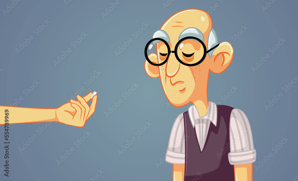 Sick Senior Man Receiving a Pill for Treatment Vector Cartoon Illustration. Elderly person taking a painkiller suffering from terminal disease 
