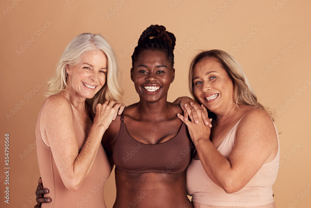Beauty, diversity and body positive with portrait of women in lingerie for  support, empowerment and generations. Confidence, plus size and self love  with models in bikini for community and natural Stock-Foto