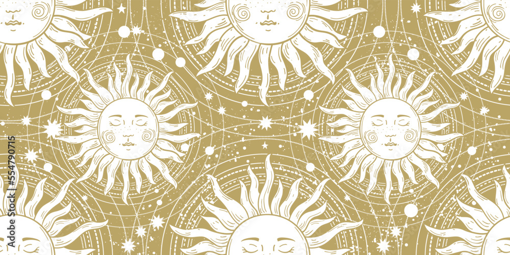 White sun with a face on a golden background, a seamless magical pattern for astrology, tarot, fortune telling. Beautiful vector ornament for packaging design.