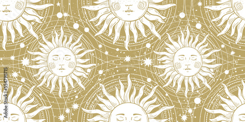 White sun with a face on a golden background, a seamless magical pattern for astrology, tarot, fortune telling. Beautiful vector ornament for packaging design.
