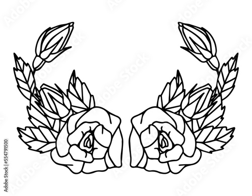 One line drawing. Frame of garden rose with stem and leaves. Hand drawn sketch. Vector illustration.