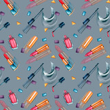 Beauty items watercolor seamless pattern on grey background.