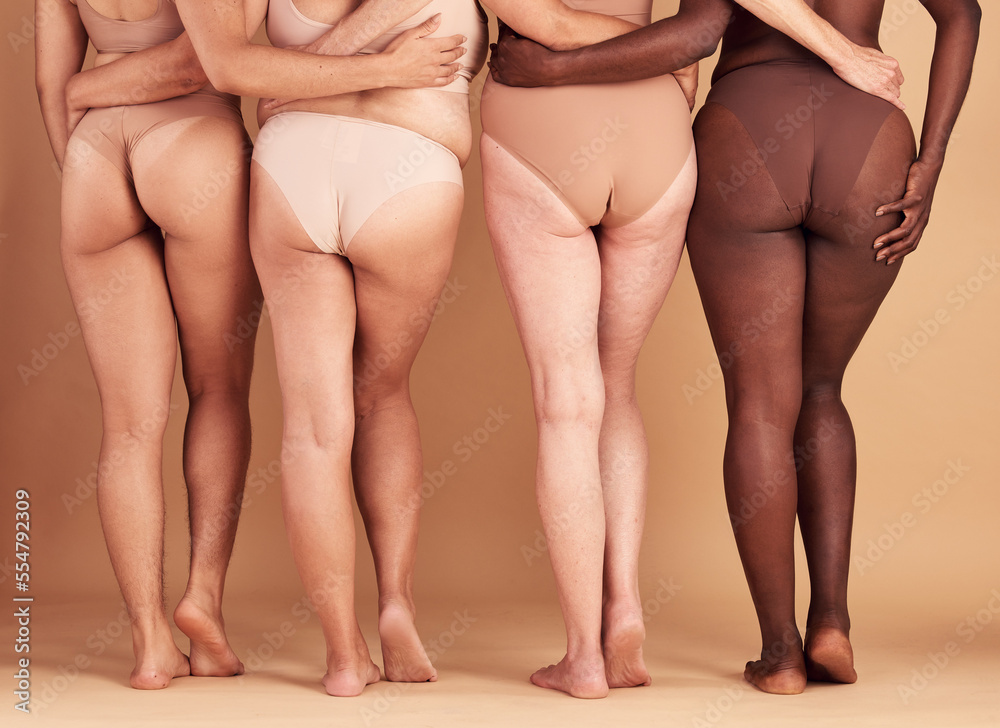 Fotka „Women group, lingerie and butt in studio for wellness, fashion and  diversity with plus size in unity. Back, bum and woman model team with  solidarity, body positive or health for beauty